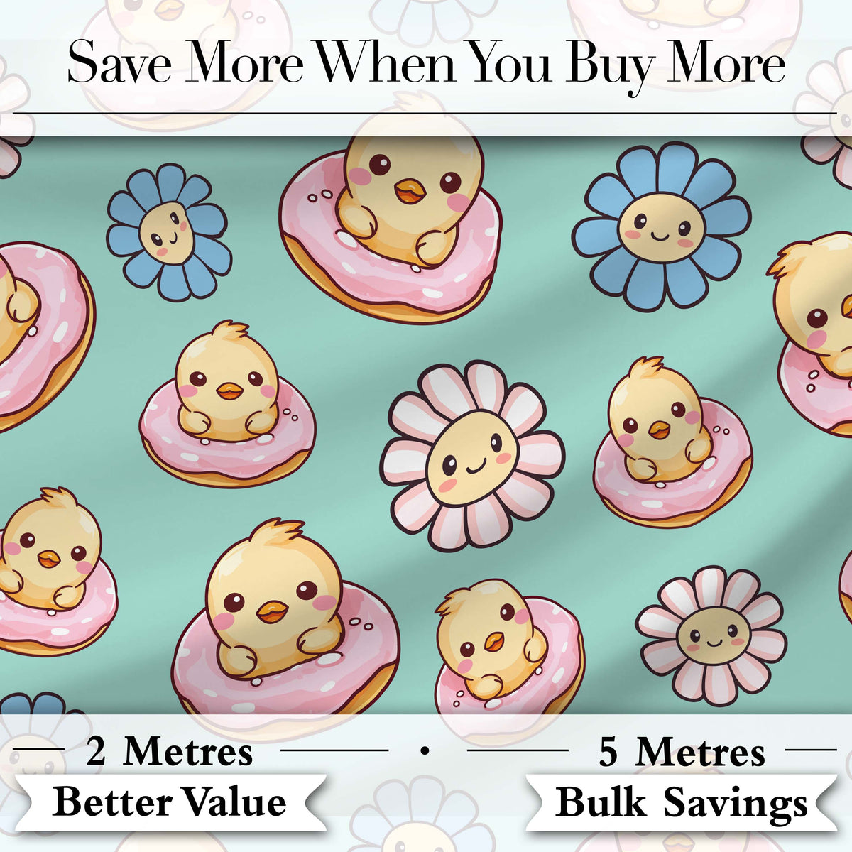 Kawaii Chick Sitting on Donut with Flowers Seamless Pattern Mint Background Digital Print Fabric by the Metre UK Sewing Quilting Textile