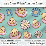 Kawaii Chick Sitting on Donut with Flowers Seamless Pattern Mint Background Digital Print Fabric by the Metre UK Sewing Quilting Textile