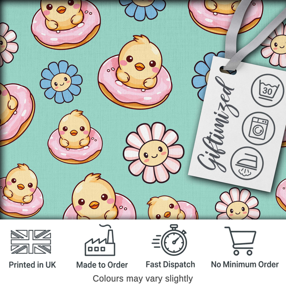 Kawaii Chick Sitting on Donut with Flowers Seamless Pattern Mint Background Digital Print Fabric by the Metre UK Sewing Quilting Textile