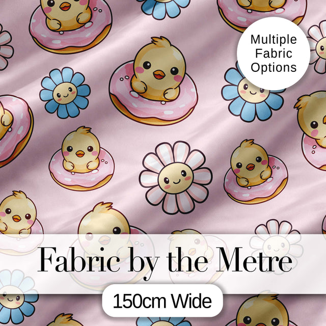 Kawaii Chick Sitting on Donut with Flowers Seamless Pattern Blush Background Digital Print Fabric by the Metre UK Sewing Quilting Textile