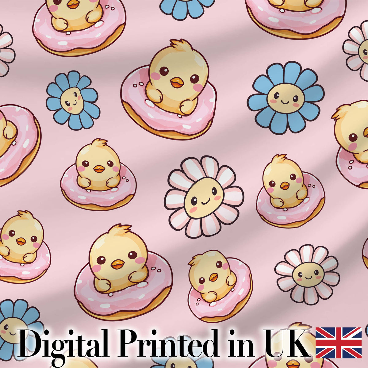 Kawaii Chick Sitting on Donut with Flowers Seamless Pattern Blush Background Digital Print Fabric by the Metre UK Sewing Quilting Textile