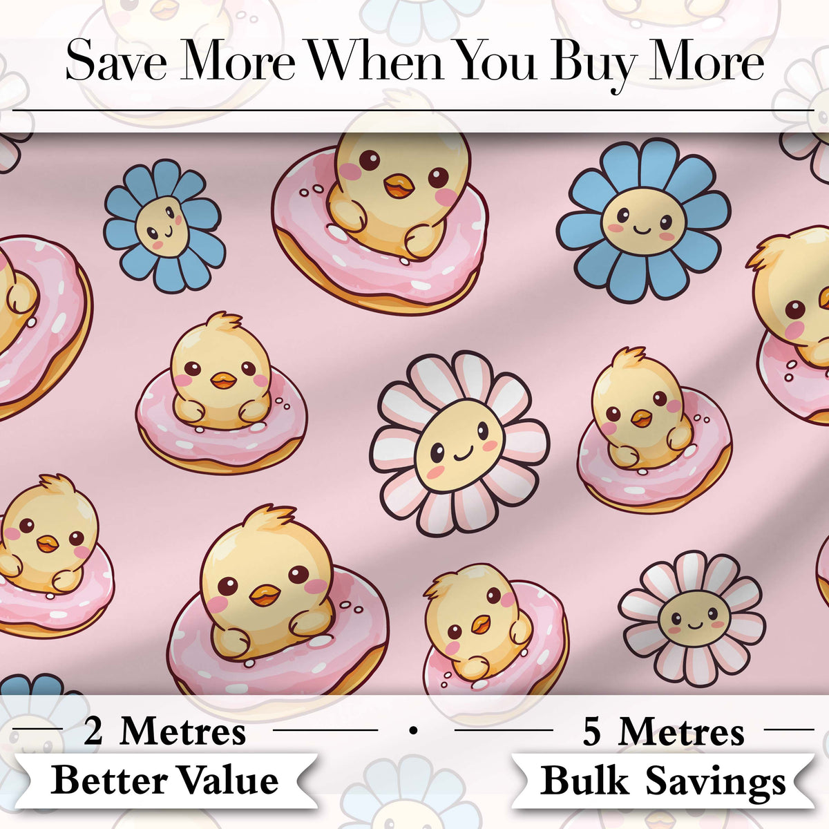 Kawaii Chick Sitting on Donut with Flowers Seamless Pattern Blush Background Digital Print Fabric by the Metre UK Sewing Quilting Textile