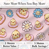 Kawaii Chick Sitting on Donut with Flowers Seamless Pattern Blush Background Digital Print Fabric by the Metre UK Sewing Quilting Textile