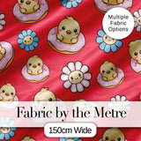 Cute Kawaii Chick Sitting on Donut with Flowers Seamless Pattern Red Background Digital Print Fabric by the Metre UK Sewing Quilting Textile