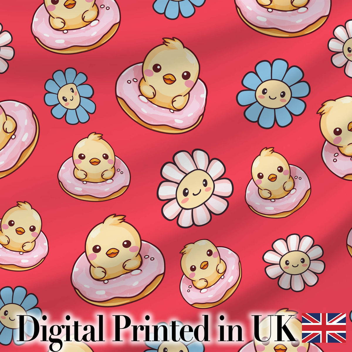 Cute Kawaii Chick Sitting on Donut with Flowers Seamless Pattern Red Background Digital Print Fabric by the Metre UK Sewing Quilting Textile