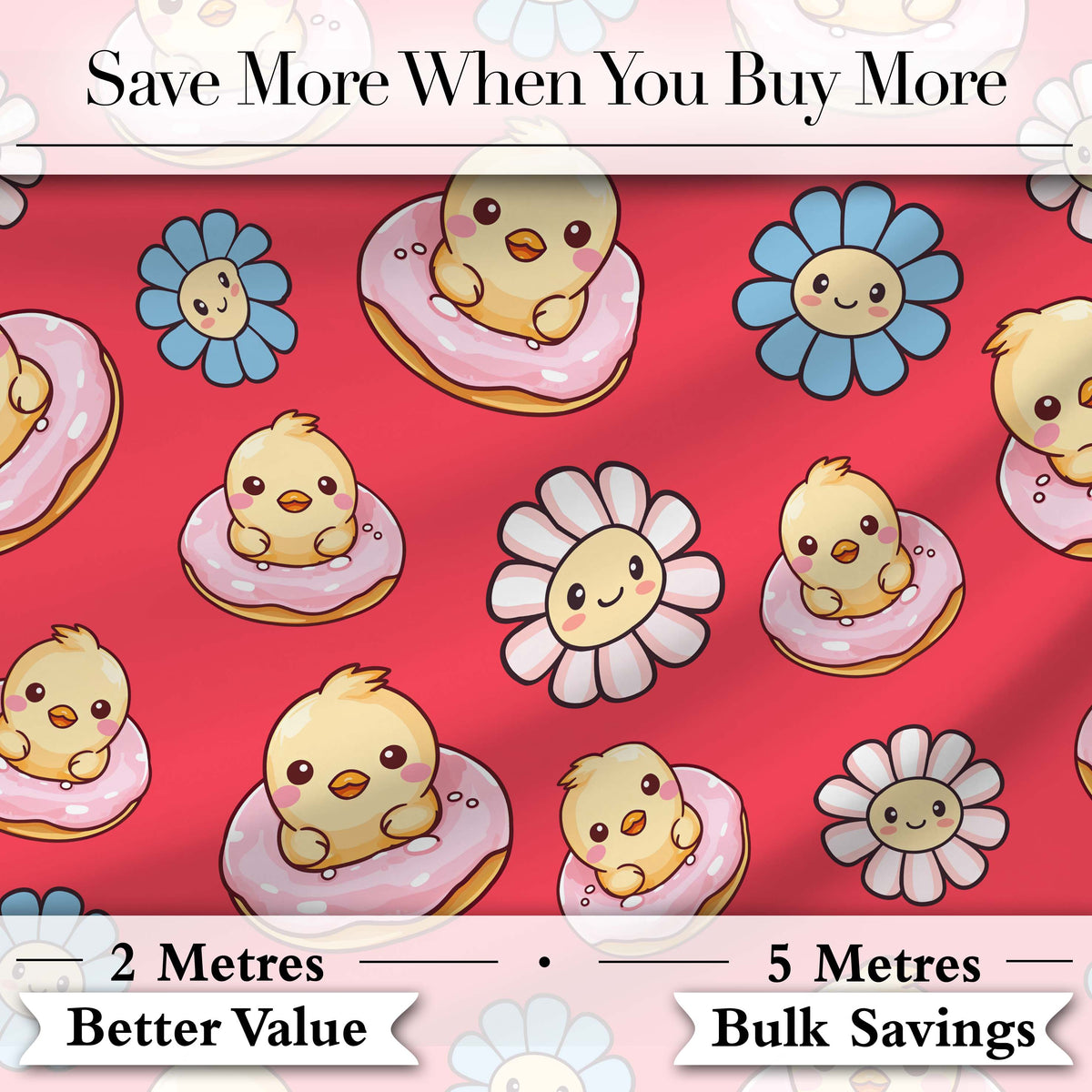 Cute Kawaii Chick Sitting on Donut with Flowers Seamless Pattern Red Background Digital Print Fabric by the Metre UK Sewing Quilting Textile