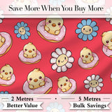 Cute Kawaii Chick Sitting on Donut with Flowers Seamless Pattern Red Background Digital Print Fabric by the Metre UK Sewing Quilting Textile