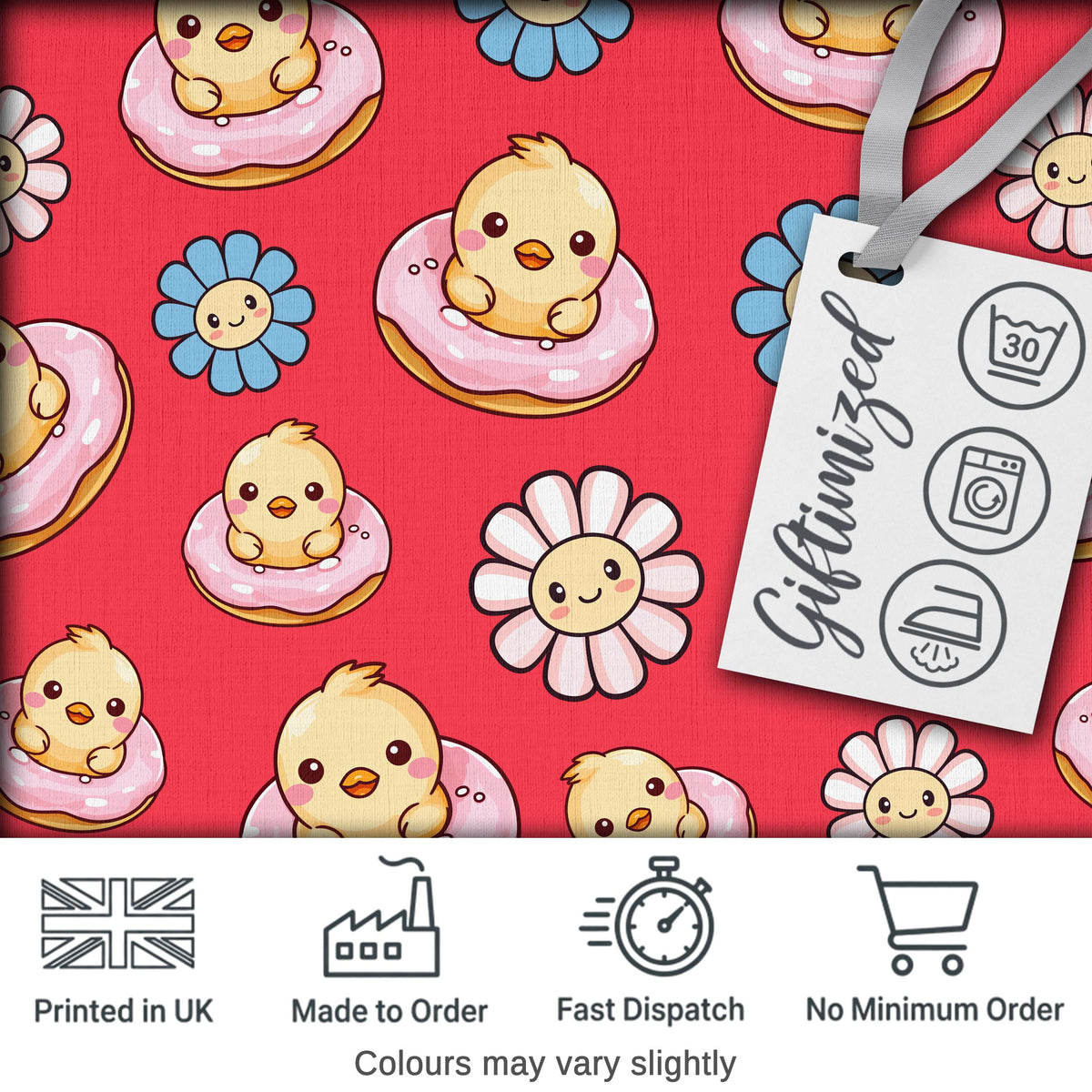 Cute Kawaii Chick Sitting on Donut with Flowers Seamless Pattern Red Background Digital Print Fabric by the Metre UK Sewing Quilting Textile