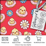 Cute Kawaii Chick Sitting on Donut with Flowers Seamless Pattern Red Background Digital Print Fabric by the Metre UK Sewing Quilting Textile
