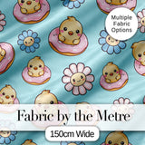Kawaii Chick Sitting on Donut with Flowers Seamless Pattern Teal Background Digital Print Fabric by the Metre UK Sewing Quilting Textile