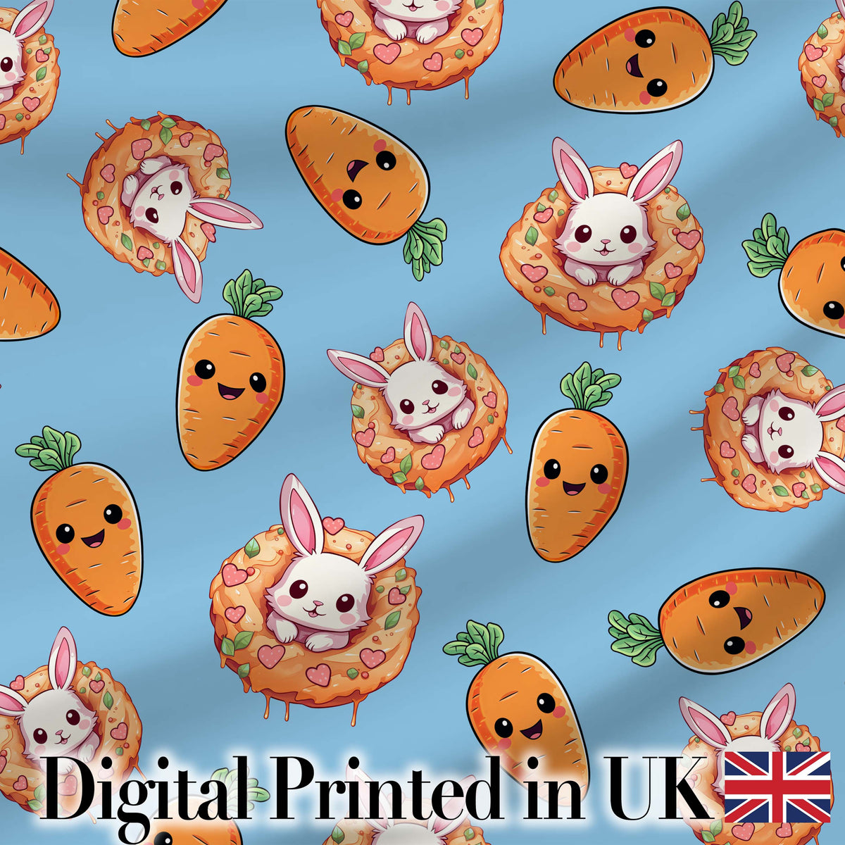 Cute Kawaii Bunny with Carrot Donut Seamless Pattern Blue Background Digital Print Fabric by the Metre UK Sewing Quilting Textile