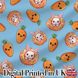 Cute Kawaii Bunny with Carrot Donut Seamless Pattern Blue Background Digital Print Fabric by the Metre UK Sewing Quilting Textile