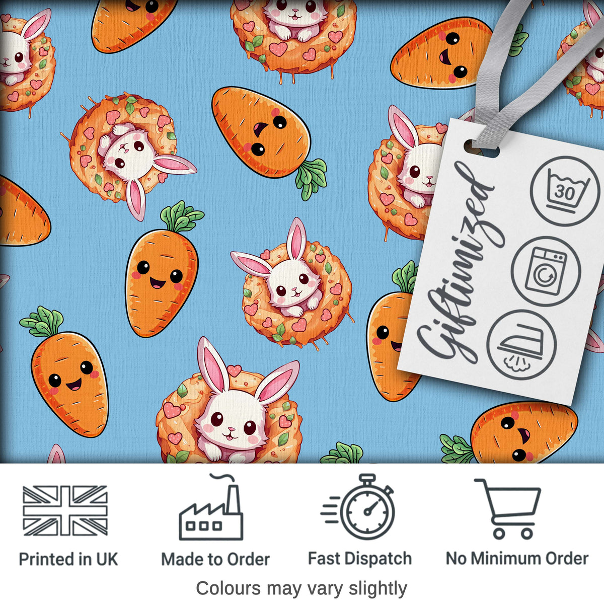 Cute Kawaii Bunny with Carrot Donut Seamless Pattern Blue Background Digital Print Fabric by the Metre UK Sewing Quilting Textile