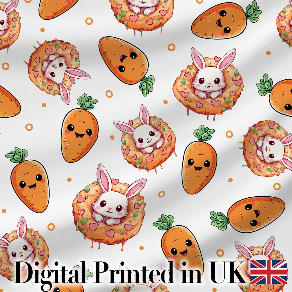 Cute Kawaii Bunny with Carrot Donut Seamless Pattern Grey Background Digital Print Fabric by the Metre UK Sewing Quilting Textile
