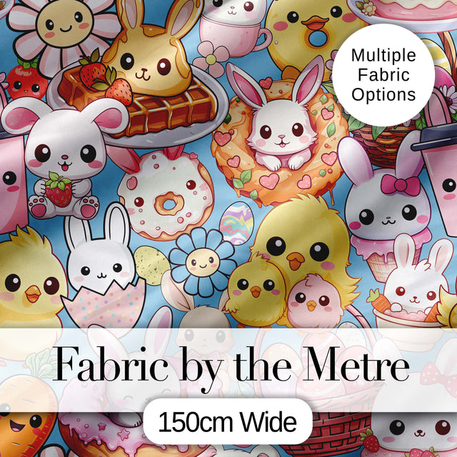 Cute Easter Bunny Chick and Eggs Dessert Seamless Pattern Blue Background Digital Print Fabric by the Metre UK Sewing Quilting Textile