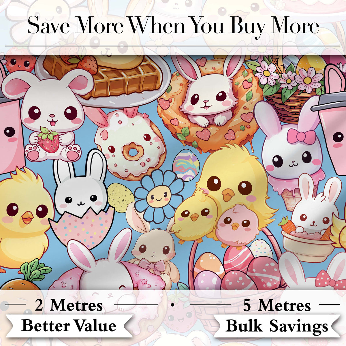 Cute Easter Bunny Chick and Eggs Dessert Seamless Pattern Blue Background Digital Print Fabric by the Metre UK Sewing Quilting Textile