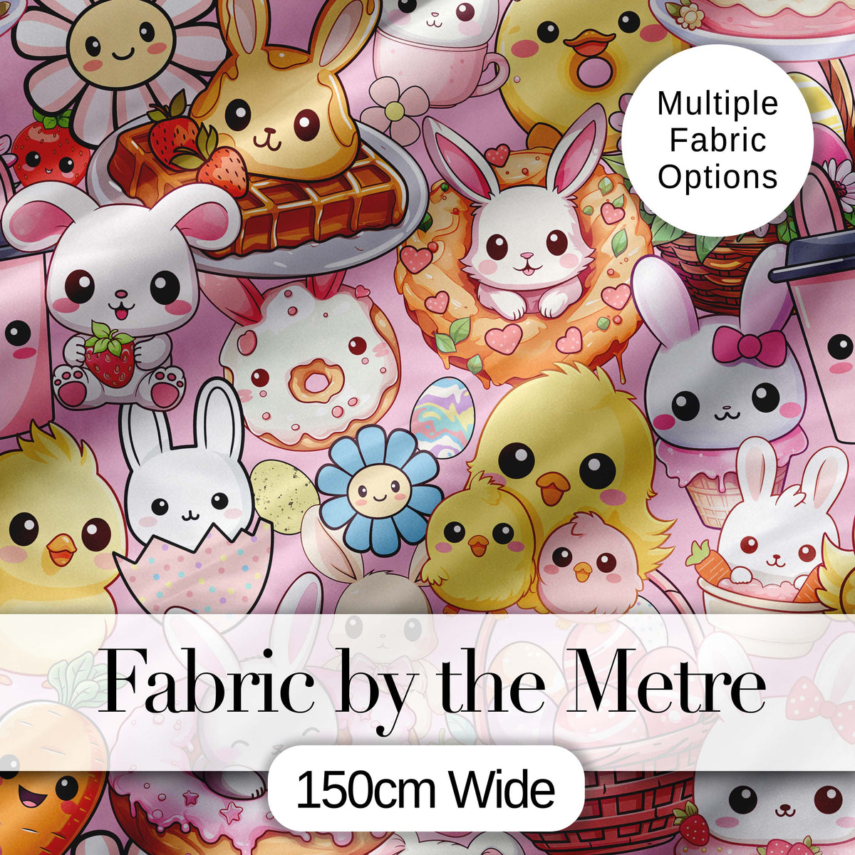 Cute Easter Bunny Chick and Eggs Dessert Seamless Pattern Blush Background Digital Print Fabric by the Metre UK Sewing Quilting Textile