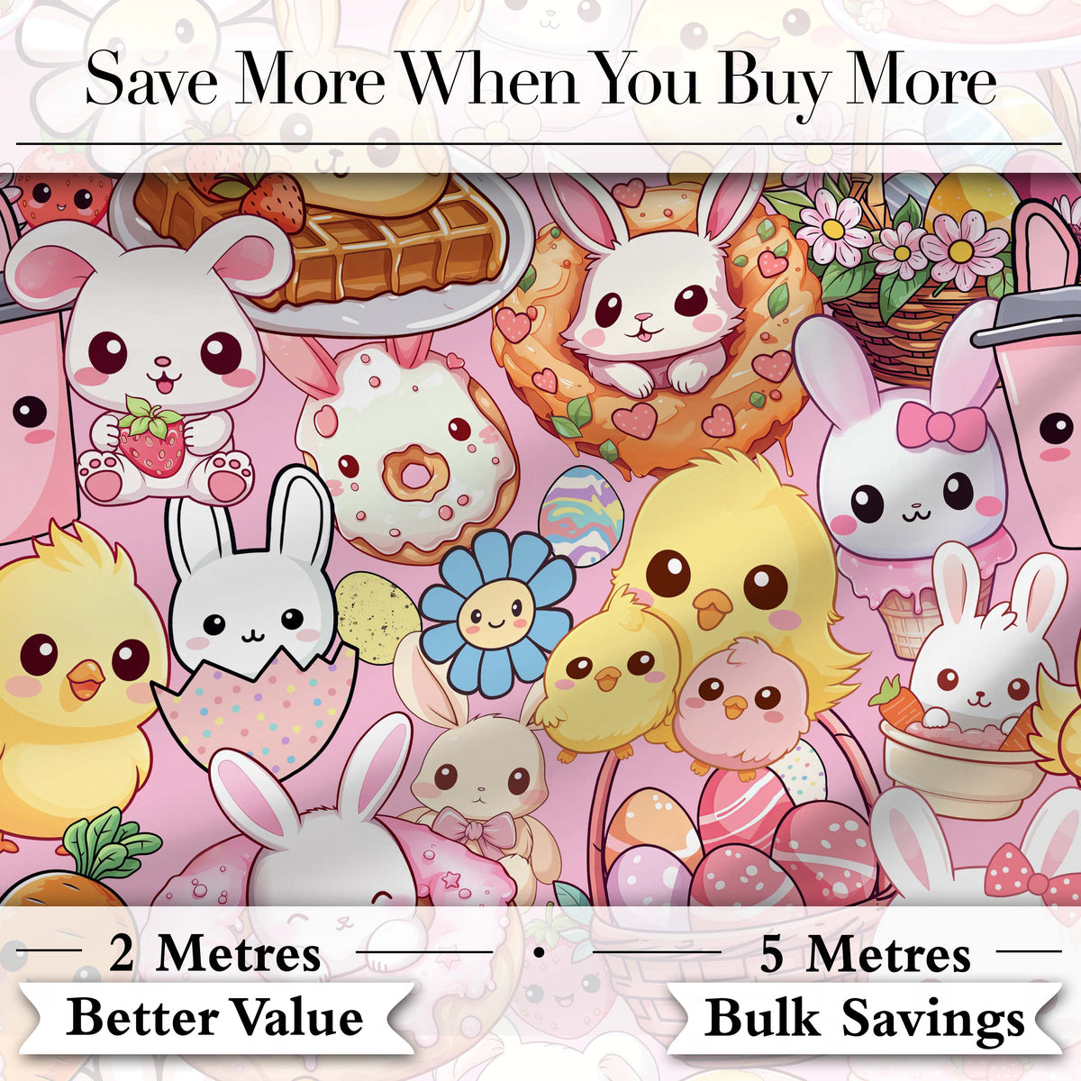 Cute Easter Bunny Chick and Eggs Dessert Seamless Pattern Blush Background Digital Print Fabric by the Metre UK Sewing Quilting Textile