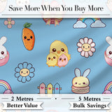 Cute Easter Chick Bunny Macaron Carrot Rainbow Seamless Pattern Blue Background Digital Print Fabric by the Metre UK Sewing Quilting Textile
