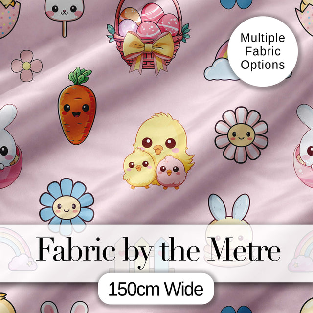 Cute Easter Chick Bunny Macaron Carrot Rainbow Seamless Pattern Pink Background Digital Print Fabric by the Metre UK Sewing Quilting Textile