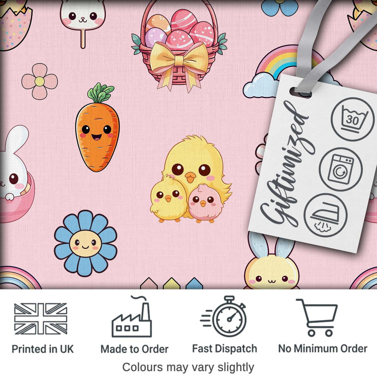 Cute Easter Chick Bunny Macaron Carrot Rainbow Seamless Pattern Pink Background Digital Print Fabric by the Metre UK Sewing Quilting Textile