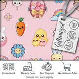Cute Easter Chick Bunny Macaron Carrot Rainbow Seamless Pattern Pink Background Digital Print Fabric by the Metre UK Sewing Quilting Textile