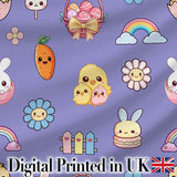 Easter Chick Bunny Macaron Carrot Rainbow Seamless Pattern Purple Background Digital Print Fabric by the Metre UK Sewing Quilting Textile