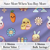 Easter Chick Bunny Macaron Carrot Rainbow Seamless Pattern Purple Background Digital Print Fabric by the Metre UK Sewing Quilting Textile