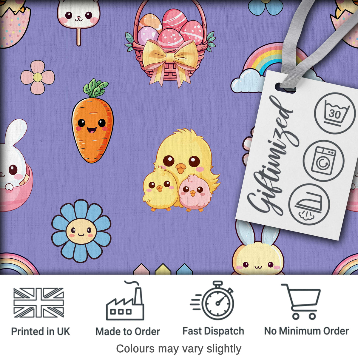 Easter Chick Bunny Macaron Carrot Rainbow Seamless Pattern Purple Background Digital Print Fabric by the Metre UK Sewing Quilting Textile