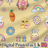 Easter Chick Bunny Macaron Carrot Rainbow Seamless Pattern Yellow Background Digital Print Fabric by the Metre UK Sewing Quilting Textile