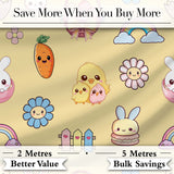 Easter Chick Bunny Macaron Carrot Rainbow Seamless Pattern Yellow Background Digital Print Fabric by the Metre UK Sewing Quilting Textile