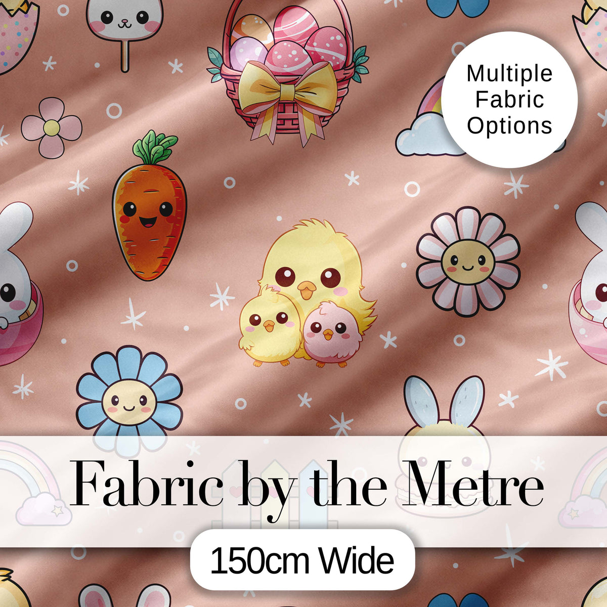 Easter Chick Bunny Macaron Carrot Rainbow Seamless Pattern Peach Background Digital Print Fabric by the Metre UK Sewing Quilting Textile