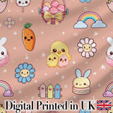 Easter Chick Bunny Macaron Carrot Rainbow Seamless Pattern Peach Background Digital Print Fabric by the Metre UK Sewing Quilting Textile
