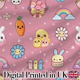 Cute Easter Chick Bunny Carrot Rainbow Basket Seamless Pattern Pink Background Digital Print Fabric by the Metre UK Sewing Quilting Textile