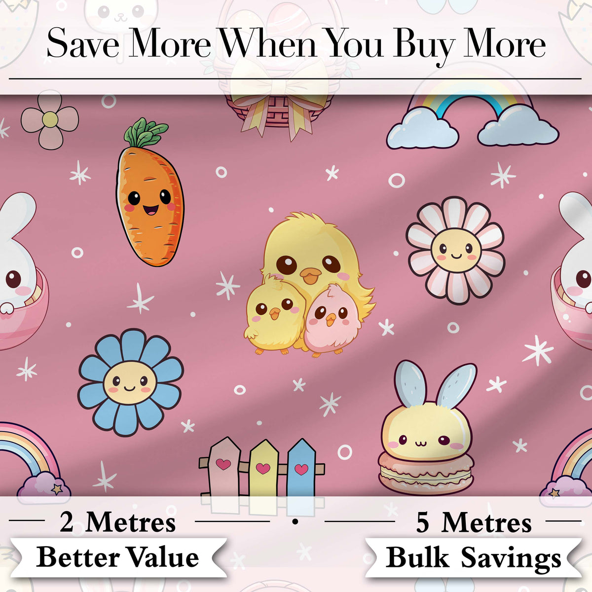 Cute Easter Chick Bunny Carrot Rainbow Basket Seamless Pattern Pink Background Digital Print Fabric by the Metre UK Sewing Quilting Textile