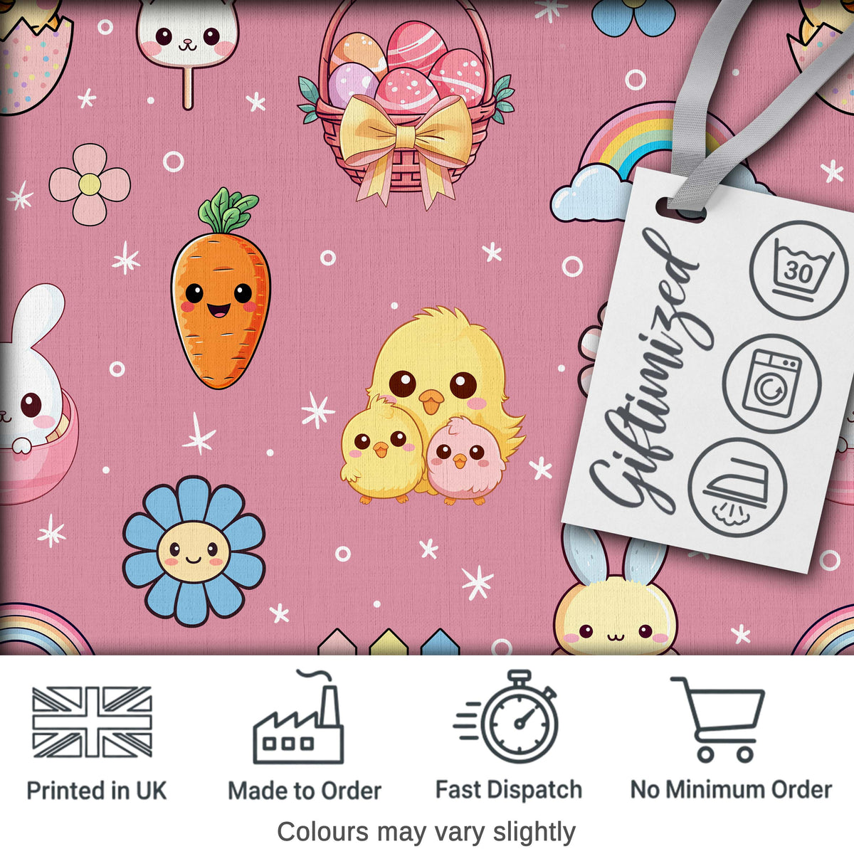 Cute Easter Chick Bunny Carrot Rainbow Basket Seamless Pattern Pink Background Digital Print Fabric by the Metre UK Sewing Quilting Textile