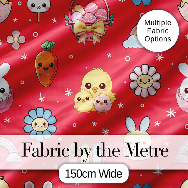 Cute Easter Chick Bunny Carrot Rainbow Basket Seamless Pattern Red Background Digital Print Fabric by the Metre UK Sewing Quilting Textile