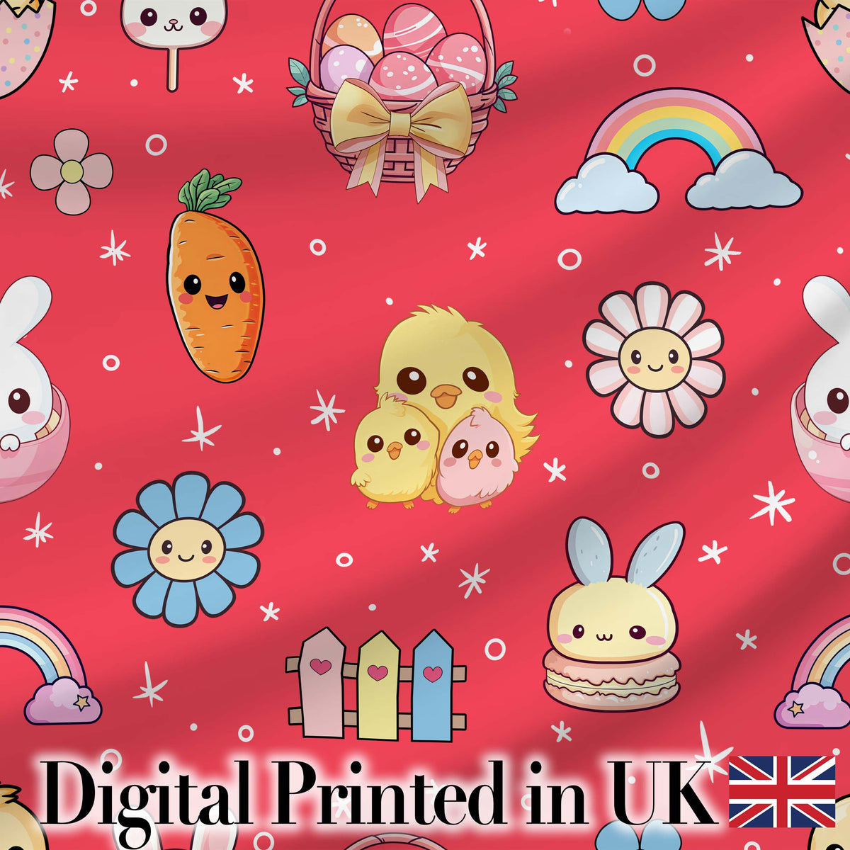 Cute Easter Chick Bunny Carrot Rainbow Basket Seamless Pattern Red Background Digital Print Fabric by the Metre UK Sewing Quilting Textile
