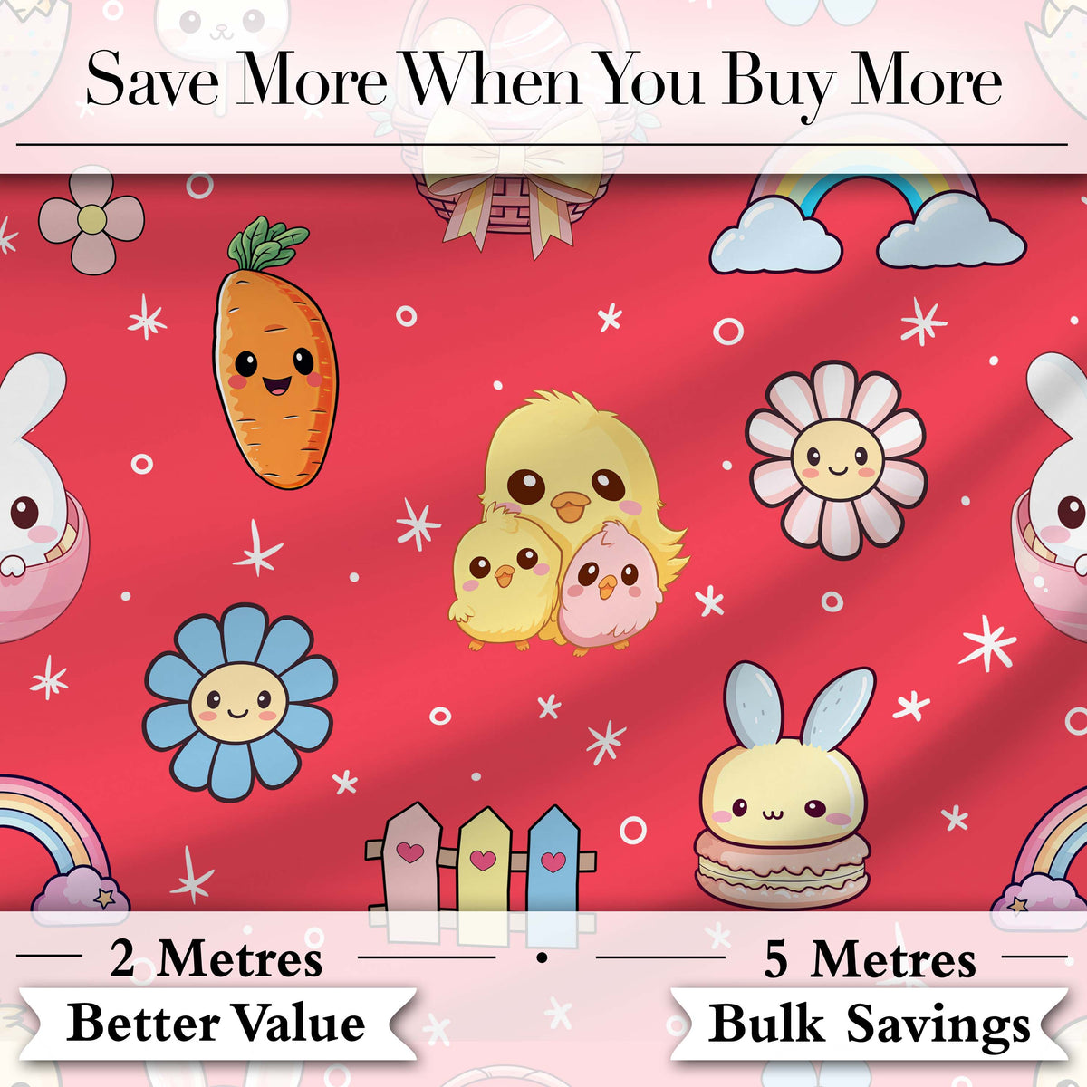 Cute Easter Chick Bunny Carrot Rainbow Basket Seamless Pattern Red Background Digital Print Fabric by the Metre UK Sewing Quilting Textile