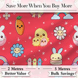 Cute Easter Chick Bunny Carrot Rainbow Basket Seamless Pattern Red Background Digital Print Fabric by the Metre UK Sewing Quilting Textile
