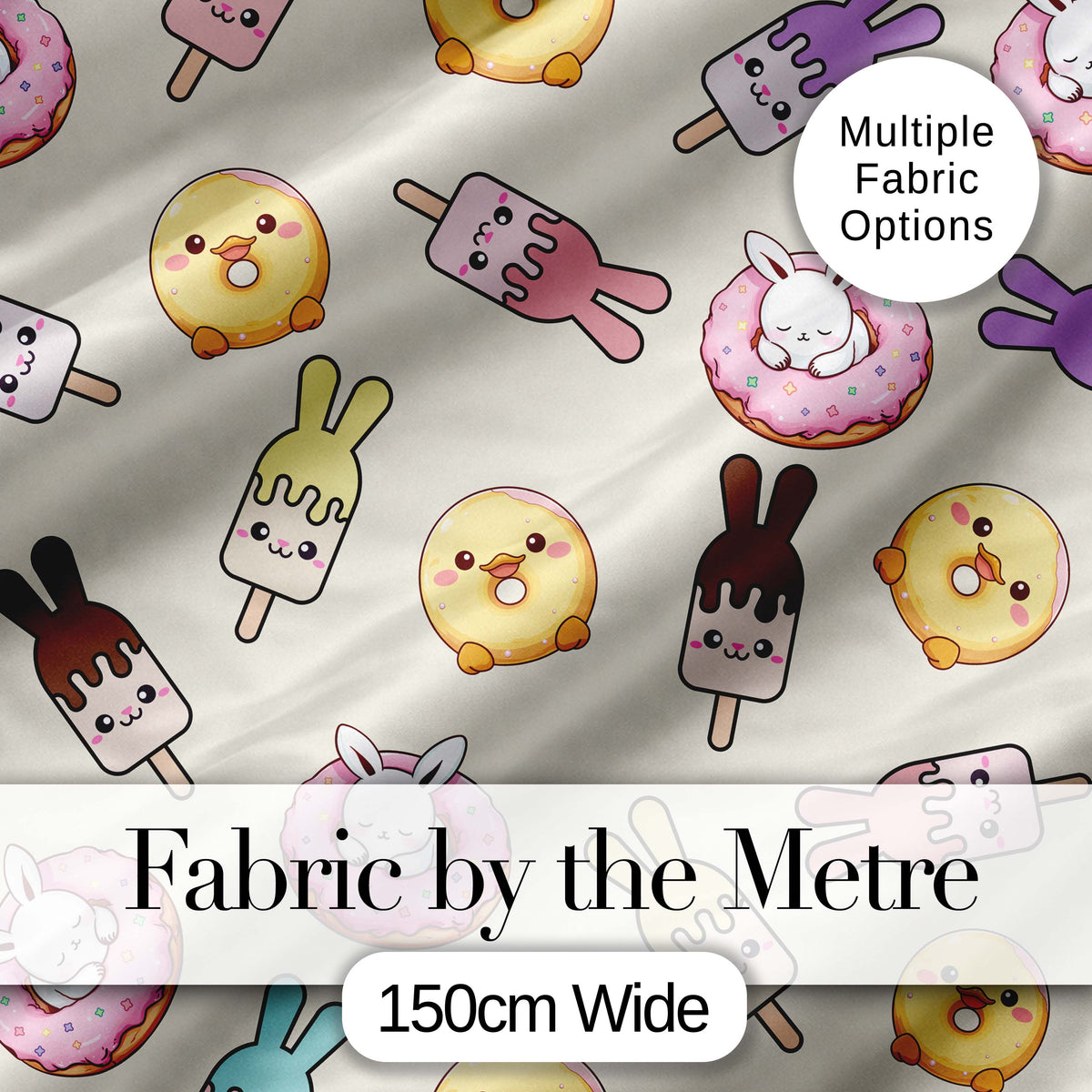 Cute Bunny Ice Cream Donut Chick Kawaii Seamless Pattern Cream Background Digital Print Fabric by the Metre UK Sewing Quilting Textile