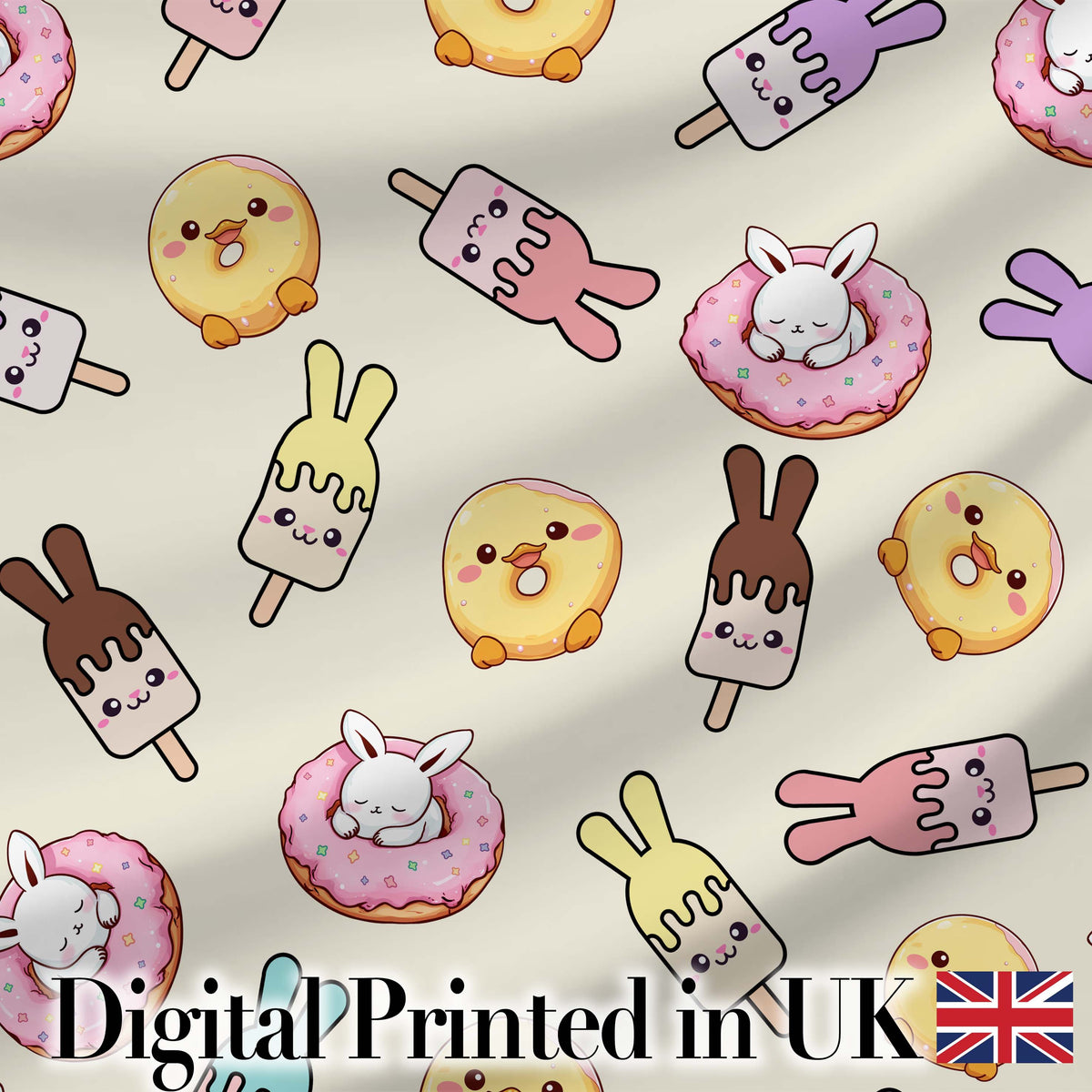 Cute Bunny Ice Cream Donut Chick Kawaii Seamless Pattern Cream Background Digital Print Fabric by the Metre UK Sewing Quilting Textile
