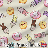 Cute Bunny Ice Cream Donut Chick Kawaii Seamless Pattern Cream Background Digital Print Fabric by the Metre UK Sewing Quilting Textile