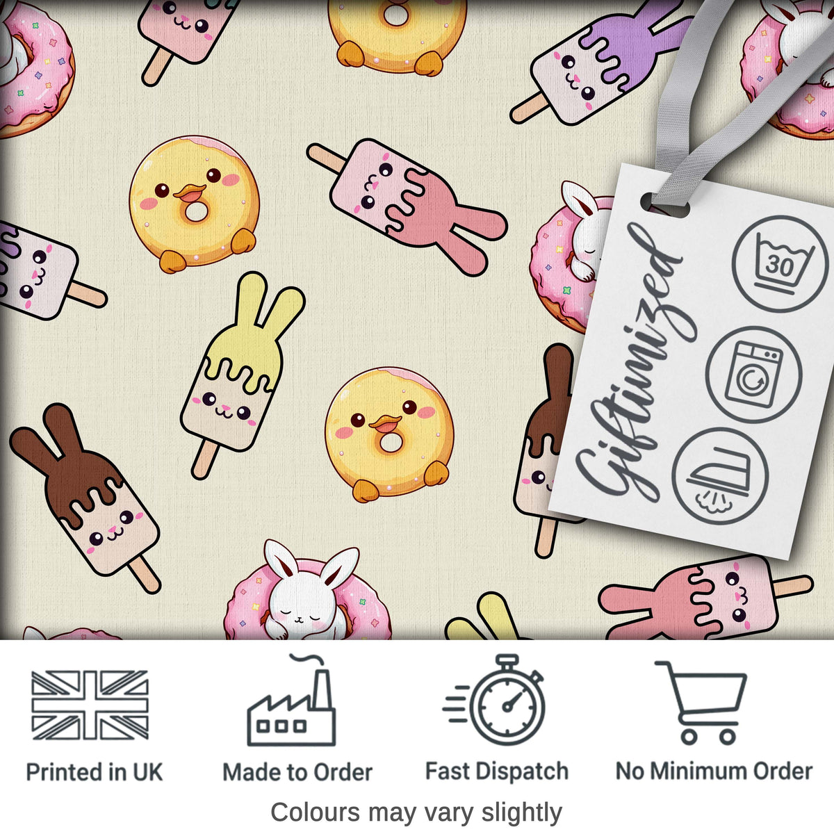 Cute Bunny Ice Cream Donut Chick Kawaii Seamless Pattern Cream Background Digital Print Fabric by the Metre UK Sewing Quilting Textile