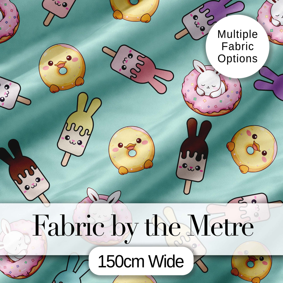 Cute Bunny Ice Cream Donut Chick Kawaii Seamless Pattern Mint Background Digital Print Fabric by the Metre UK Sewing Quilting Textile