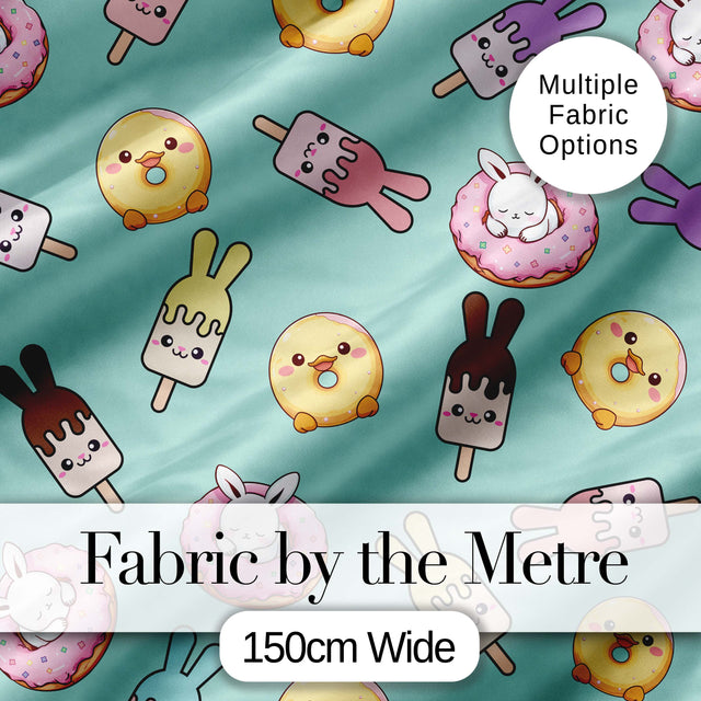 Cute Bunny Ice Cream Donut Chick Kawaii Seamless Pattern Mint Background Digital Print Fabric by the Metre UK Sewing Quilting Textile