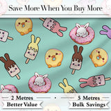 Cute Bunny Ice Cream Donut Chick Kawaii Seamless Pattern Mint Background Digital Print Fabric by the Metre UK Sewing Quilting Textile