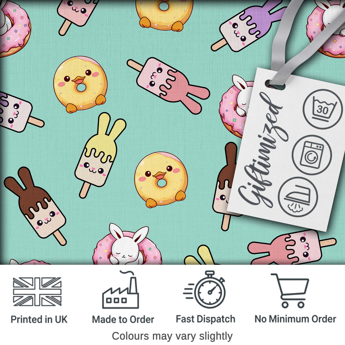 Cute Bunny Ice Cream Donut Chick Kawaii Seamless Pattern Mint Background Digital Print Fabric by the Metre UK Sewing Quilting Textile
