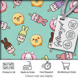 Cute Bunny Ice Cream Donut Chick Kawaii Seamless Pattern Mint Background Digital Print Fabric by the Metre UK Sewing Quilting Textile