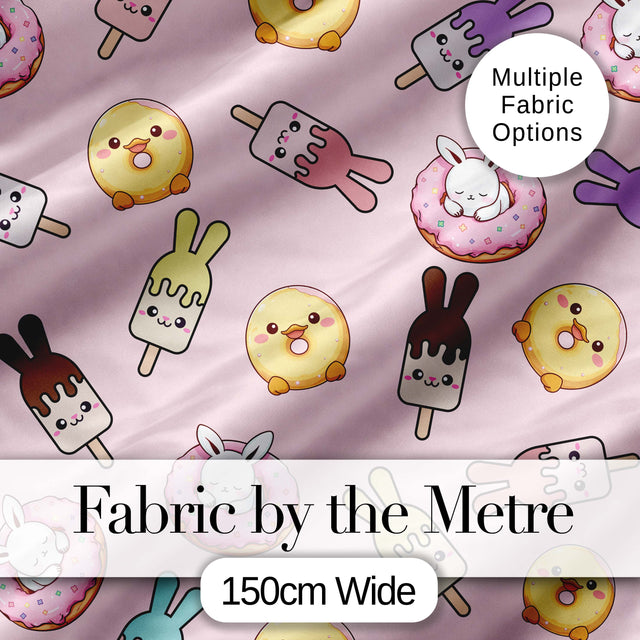 Cute Bunny Ice Cream Donut Chick Kawaii Seamless Pattern Blush Background Digital Print Fabric by the Metre UK Sewing Quilting Textile